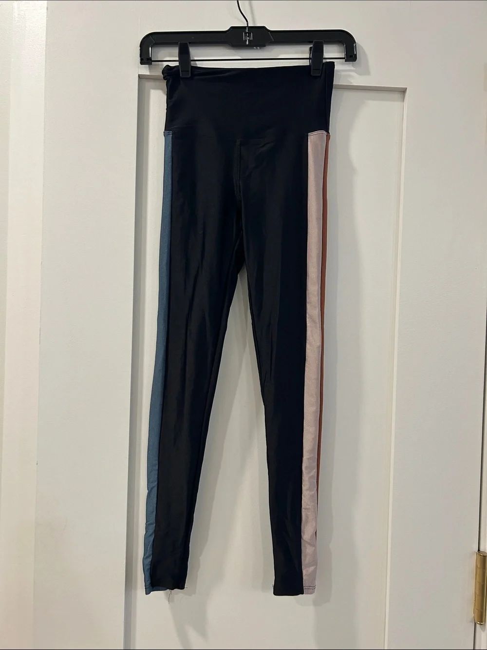 Strut This Black Leggings with Blue/Brown/Beige Side Stripes, One Size (XS)
